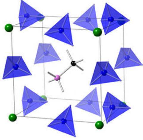 a hybrid perovskite structure where the super halogens are the blue tetrahedrons, the metal atoms are green, and the alkali cation is in the middle Read more: Materials based on clusters of atoms may revolutionize the whole solar cell industry