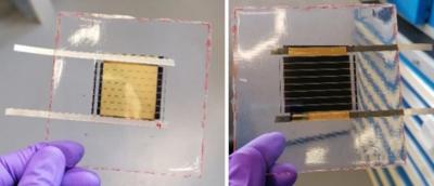 Perovskite modules before and after flexible encapsulation