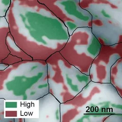 AFM image of low and high performing regions in perovskites 