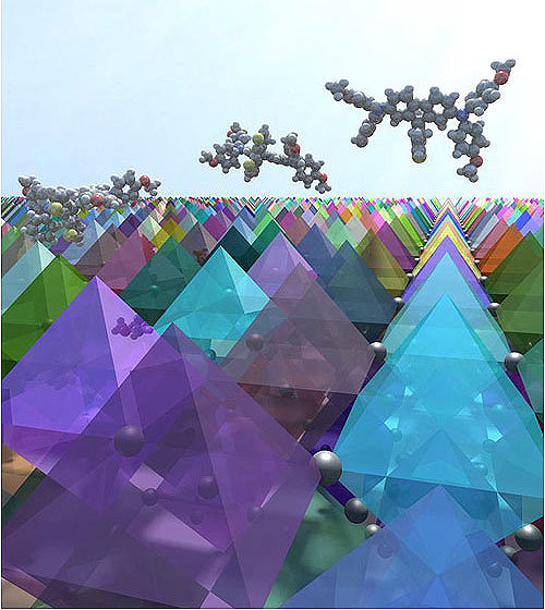 A 3D illustration of fluorine-dithiophene molecules on a surface of perovskite crystals.