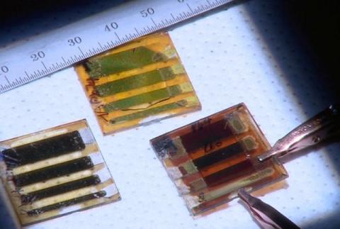 Three types of large-area solar cells made out of two-dimensional perovskites. At left, a room-temperature cast film; upper middle is a sample with the problematic band gap, and at right is the hot-cast sample with the best energy performance.