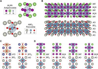 Schematic representation of the crystal structures of M3XN nitride antiperovskite and ABO3 oxide perovskite compounds and their interfaces image