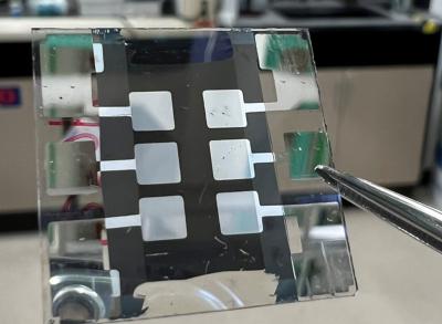 The inverted architecture of this perovskite solar cell, coupled with surface engineering, enabled researchers to improve efficiency and stability. Photo credit: NREL