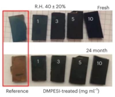 Stability of DMPESI molecule and treated perovskite films under moisture and light-soaking conditions image